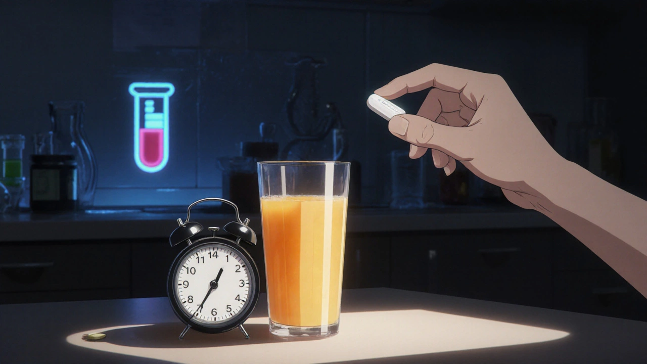 Person taking supplement with orange juice while a blood test chart is visible.