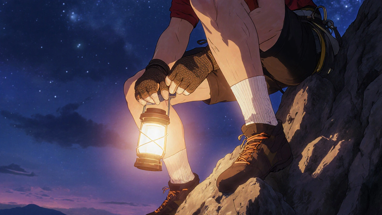 Rock climber putting on leather gloves, anti‑chafe sticks, and layered socks on a cliff.