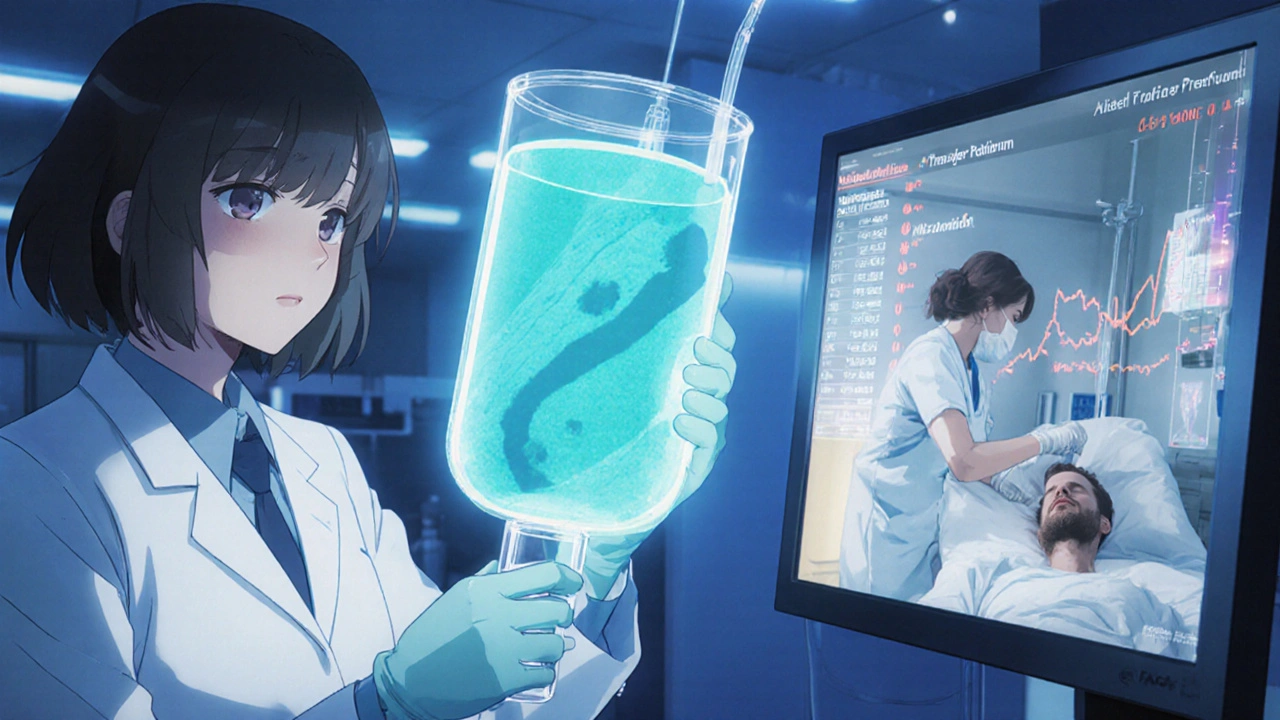 Scientist examining a placental perfusion model while a patient receives IV Metoclopramide for severe nausea.