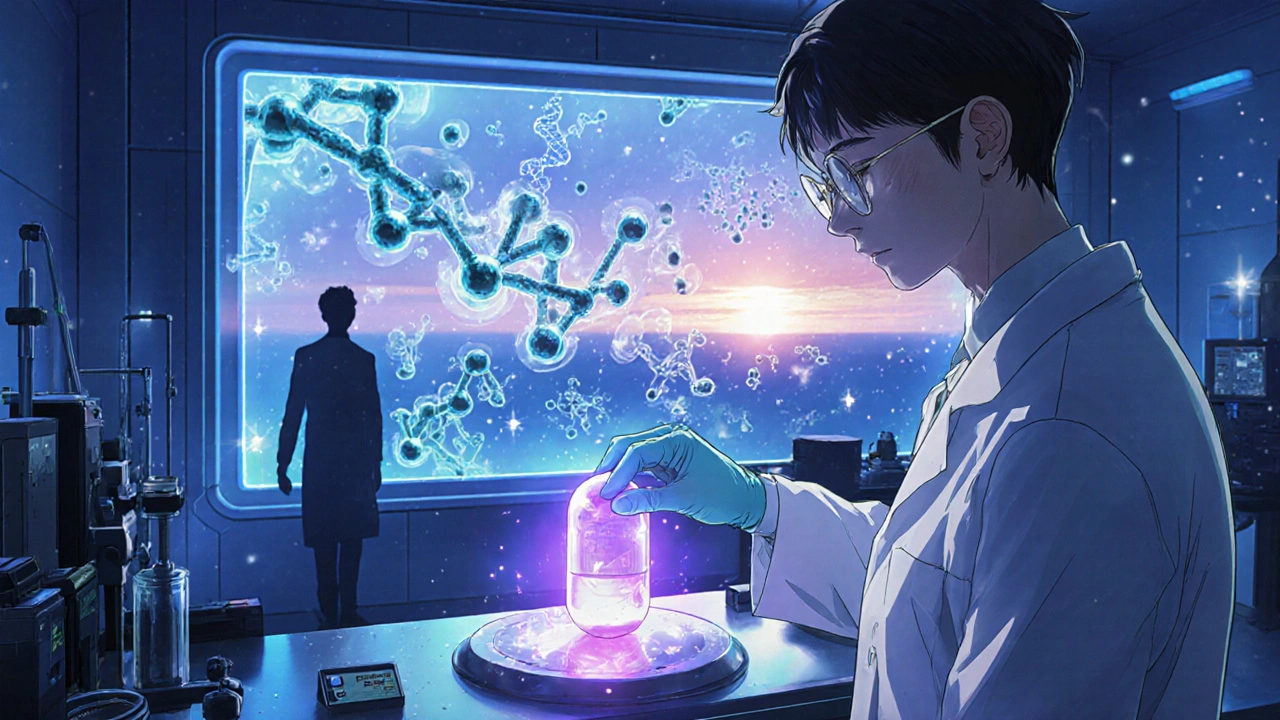 Scientist places glowing Imatinib pill beside CRISPR complex in lab.