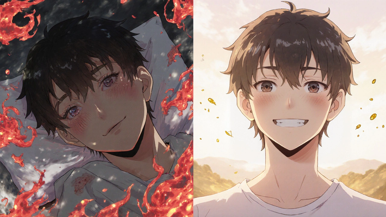 Side-by-side image of a person before and after betamethasone treatment for chronic hives.