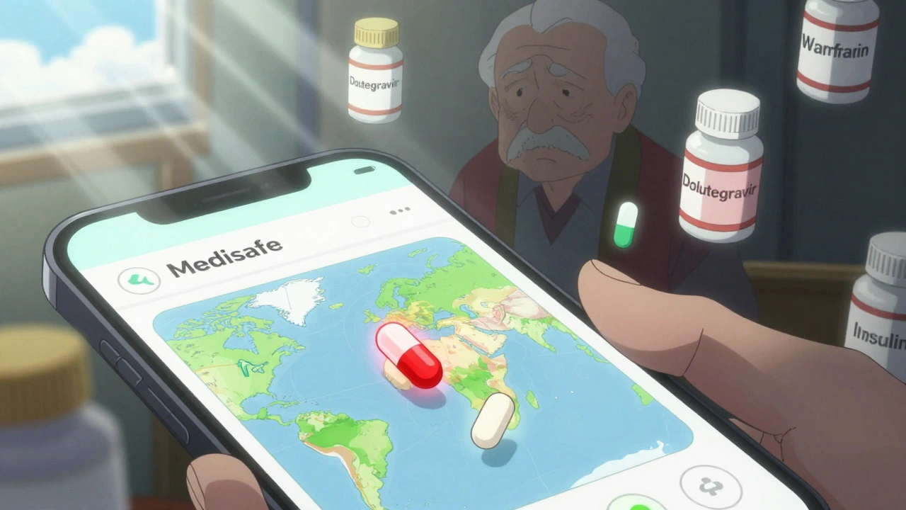 Smartphone app showing medication reminders syncing with a time zone map, medical bottles floating nearby.