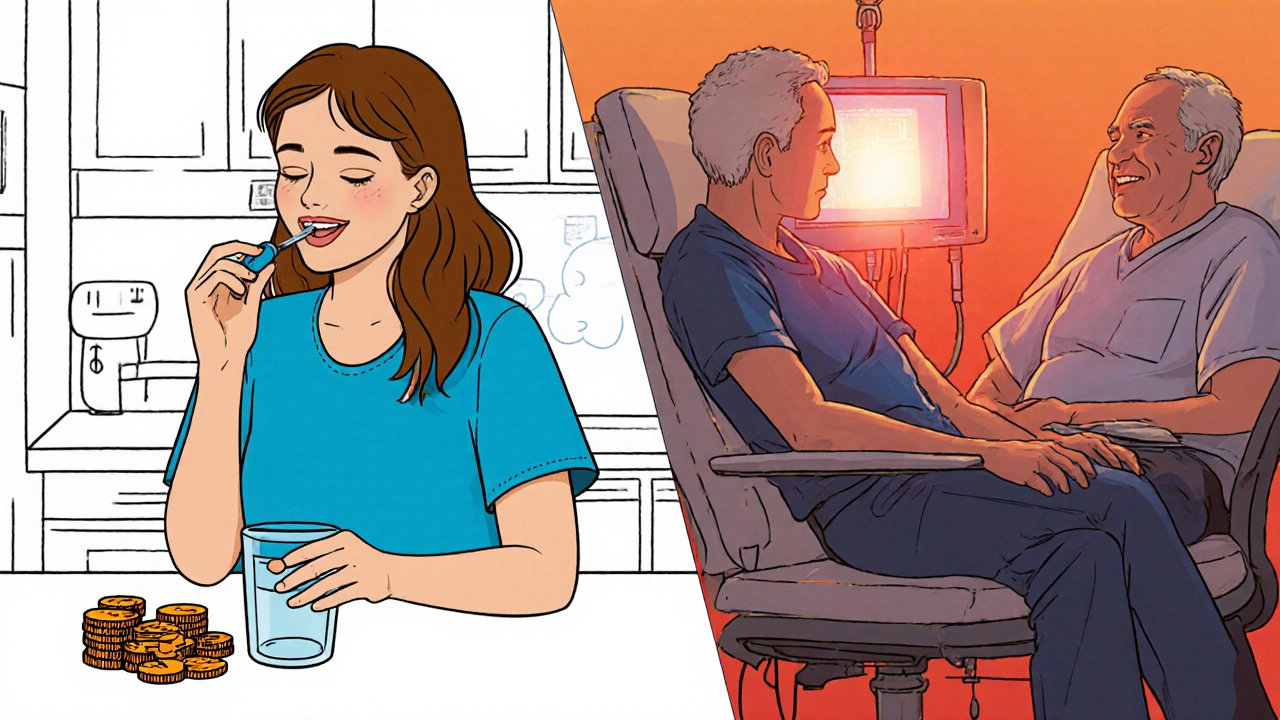 Split comic panel showing a teacher taking cheap Azulfidine and a patient receiving infliximab infusion.