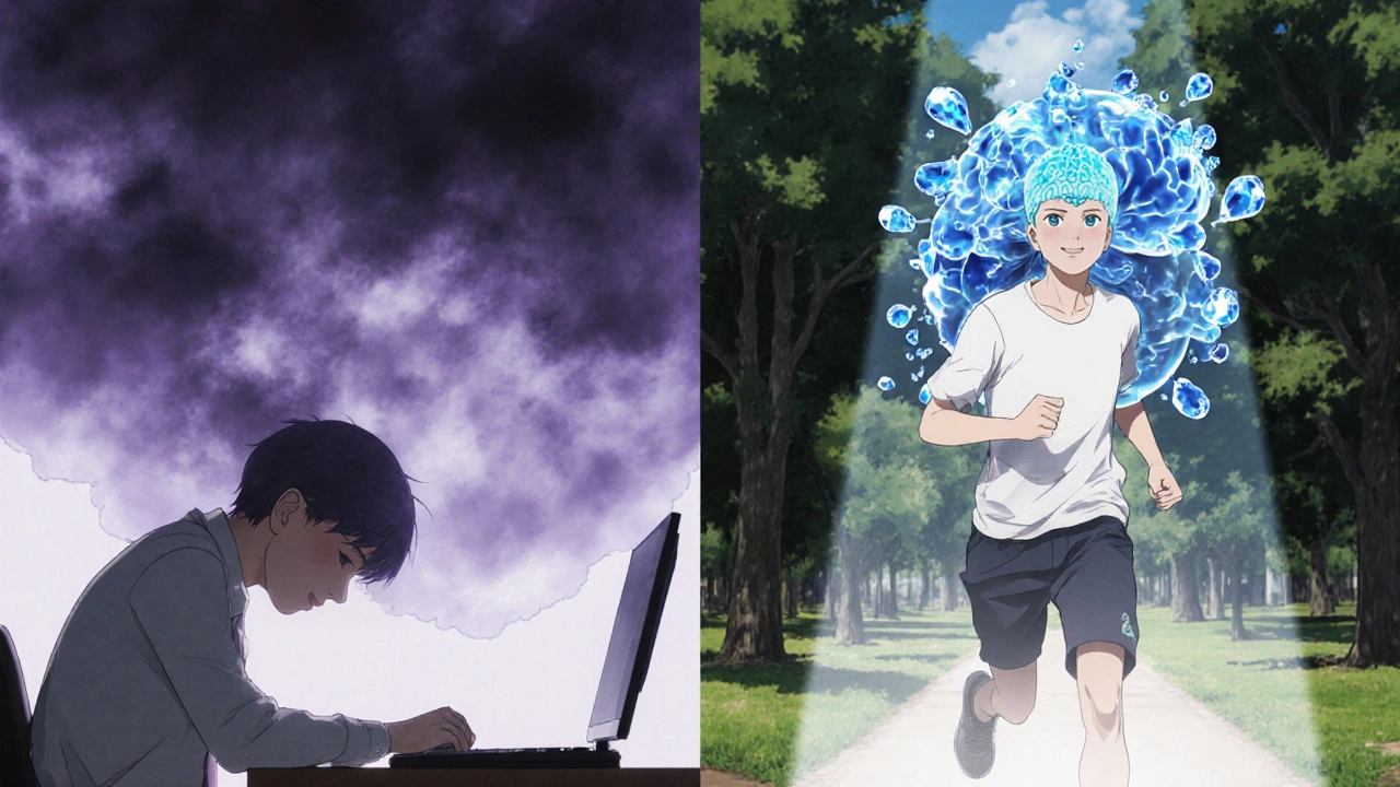 Split scene contrasting drowsy brain affected by old antihistamines versus alert brain protected by loratadine.