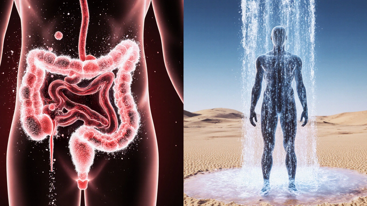 Split scene depicting diabetes mellitus with sweet visual cues and diabetes insipidus with desert dryness, highlighting different causes of thirst and urination.