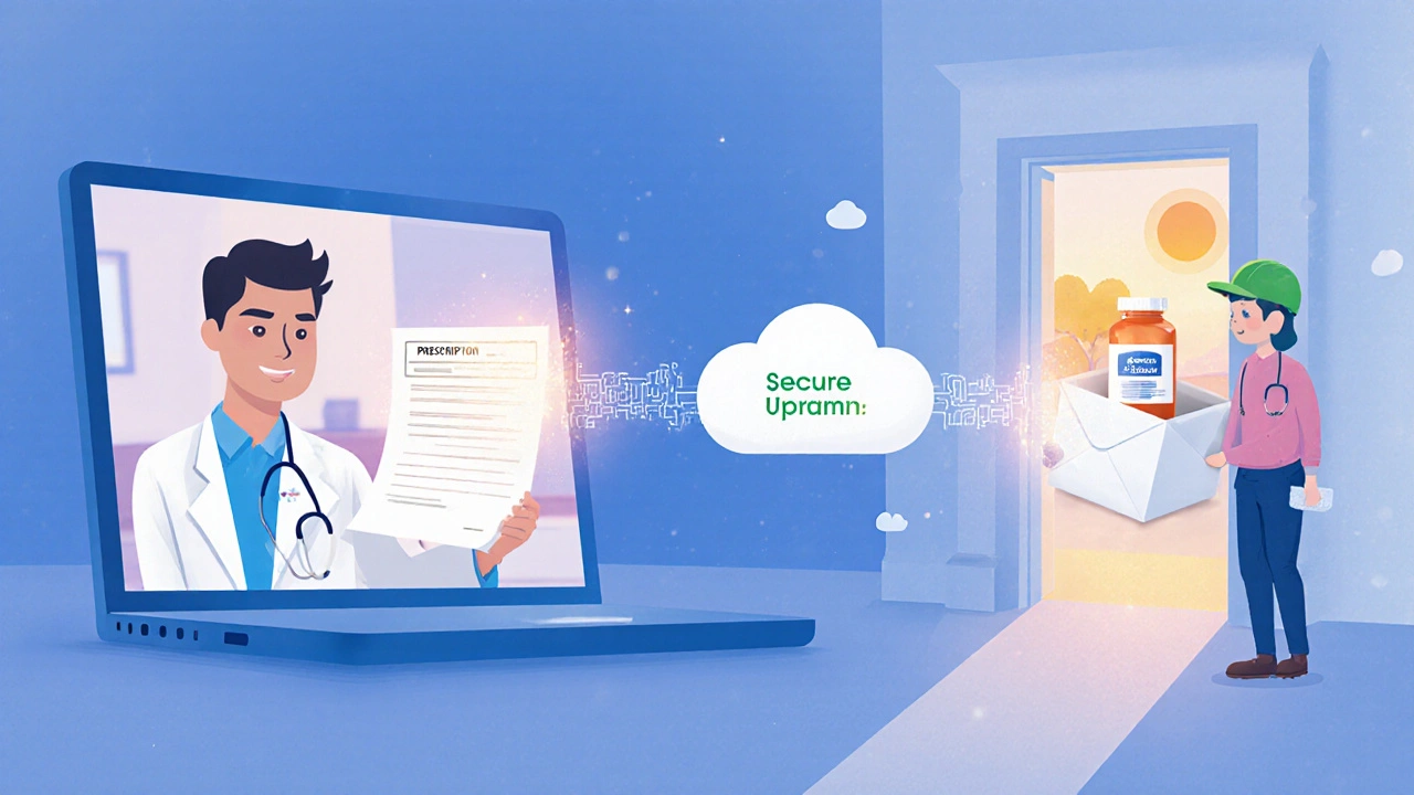Telehealth video call sending a prescription, leading to a doorstep delivery of generic medication.