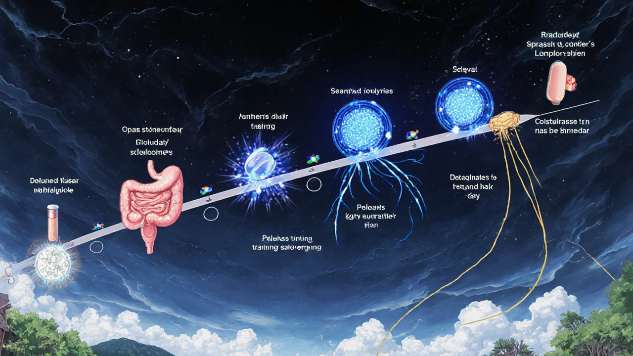 Timeline of loratadine spreading through the body and sustaining effect for 24 hours with metabolite trails.