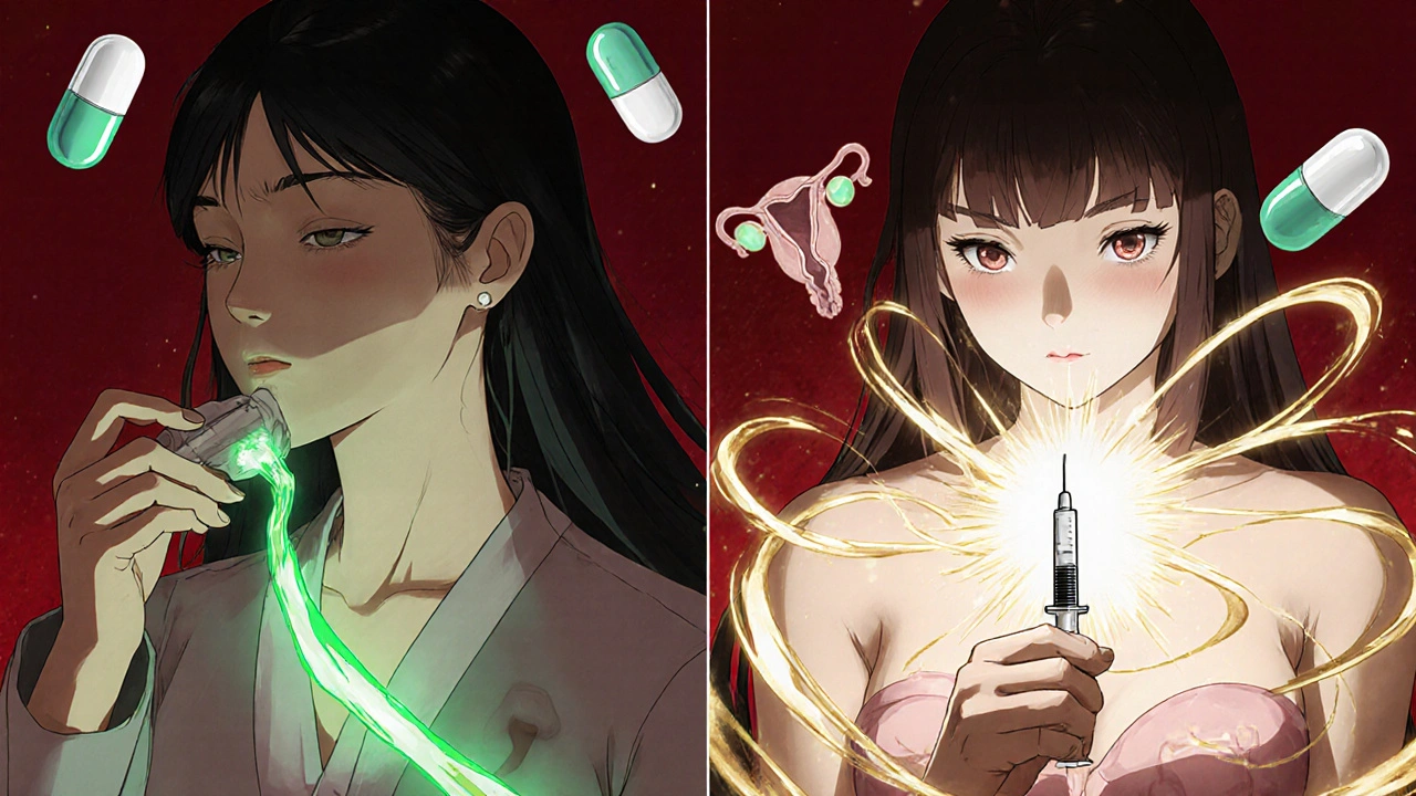 Two women receiving different progesterone treatments — vaginal suppository and injection — with energy waves and medical icons in anime style.