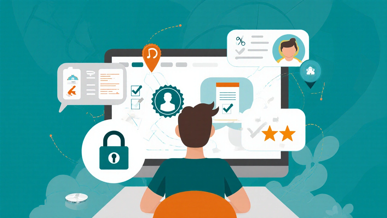 User reviewing online pharmacy checklist on a computer with security icons.
