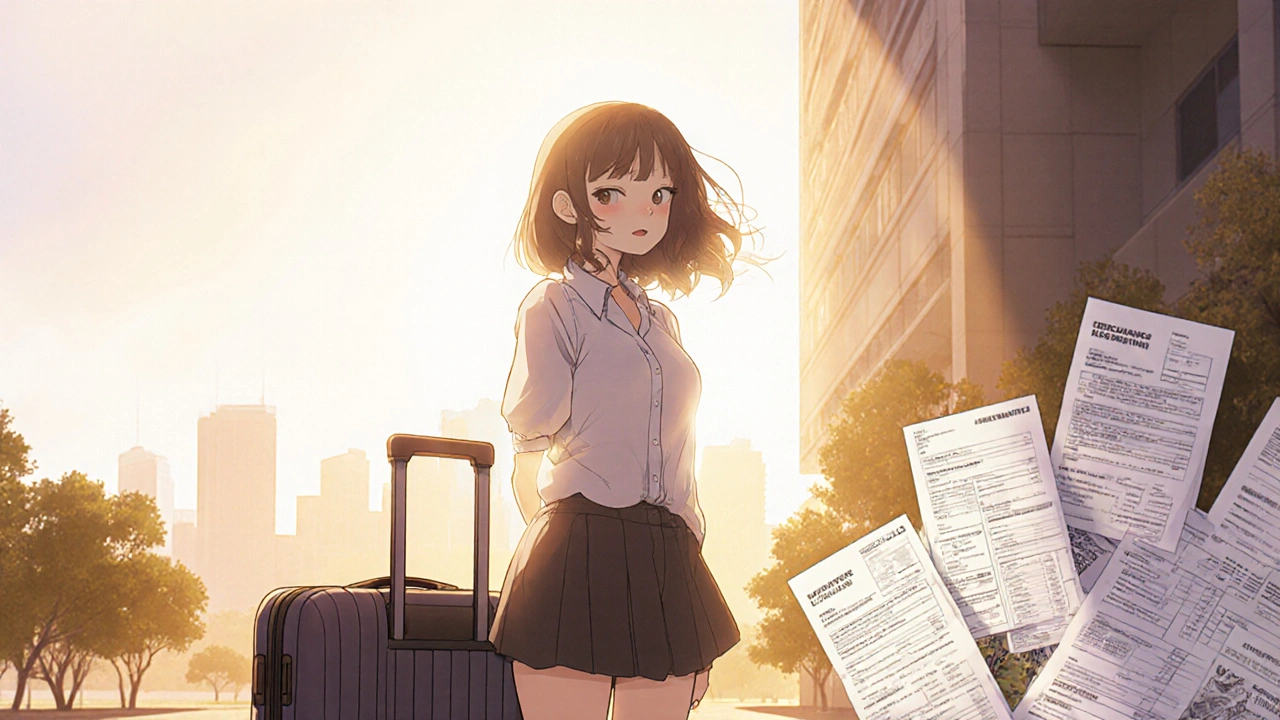 Woman outside a hospital with suitcase, sunlight, eucalyptus trees, and faint tax documents behind.