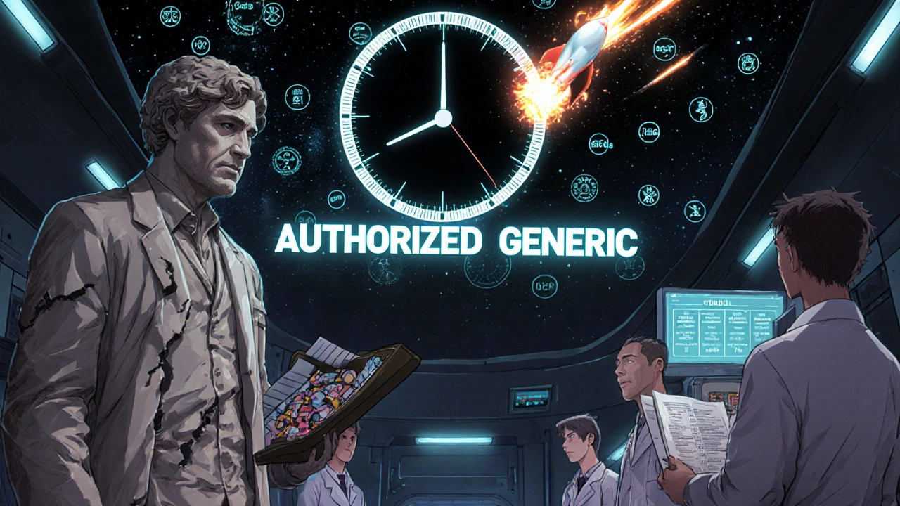 A crumbling law statue is overwritten by digital code in a lab, as manufacturers watch a corporate rocket launch instantly beside a slow FDA clock.