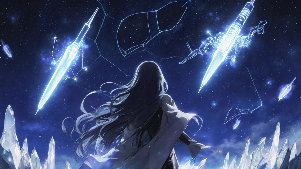 A figure under a starry sky with floating needles representing PCSK9 and inclisiran treatments.