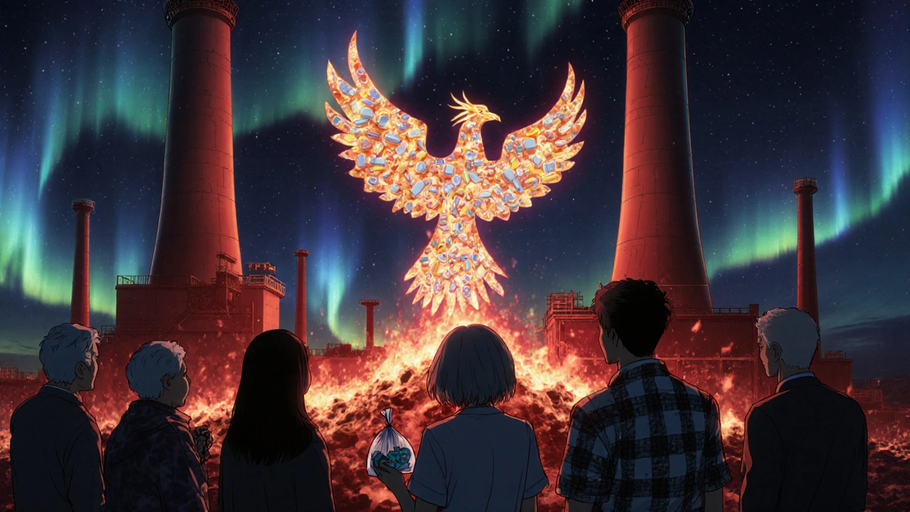 A glowing incineration facility at night with silhouettes of people watching as pills turn to ash.