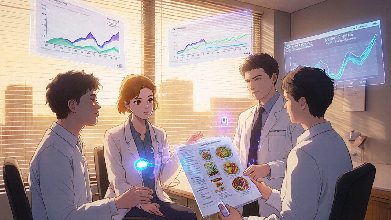 A medical team supporting a patient with floating health data and medication comparisons.