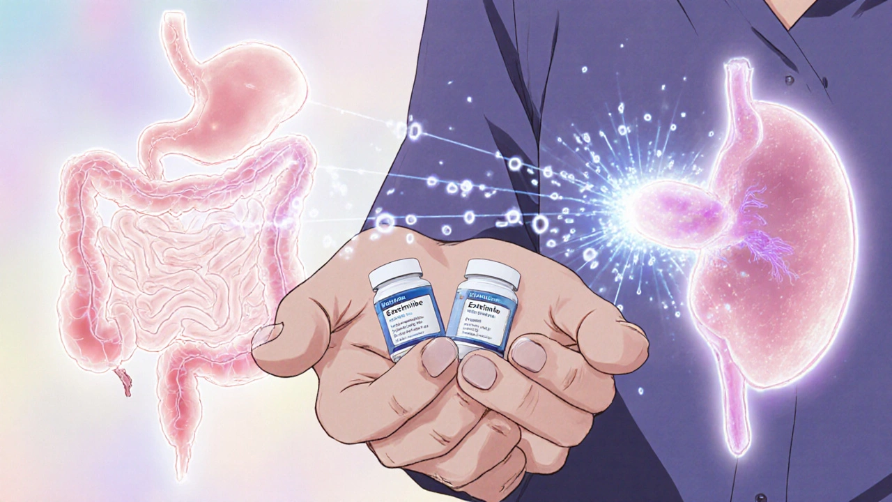 A patient beside glowing gut and liver interfaces, showing ezetimibe blocking cholesterol absorption.
