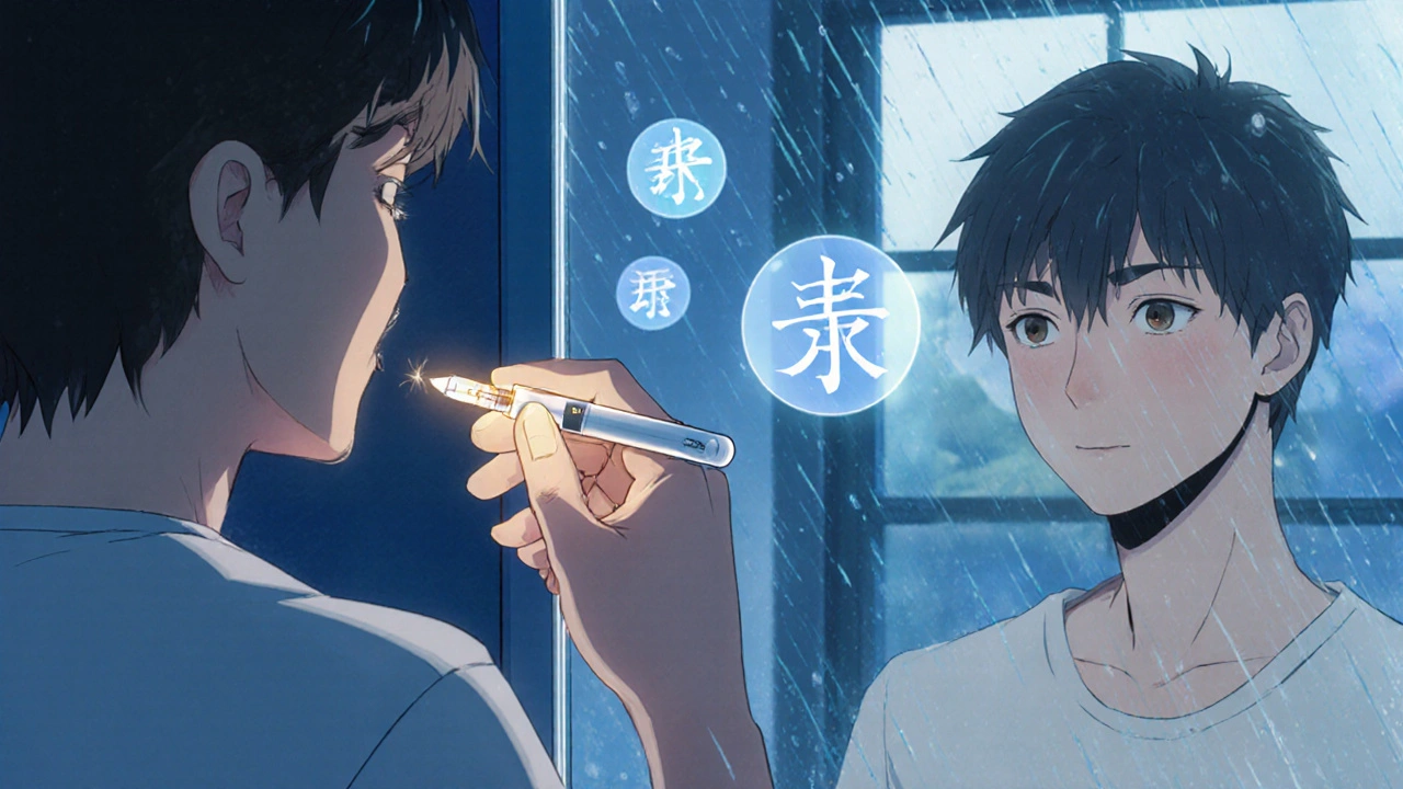 A patient injecting insulin with a connected pen, reflection showing confidence, soft glowing light.