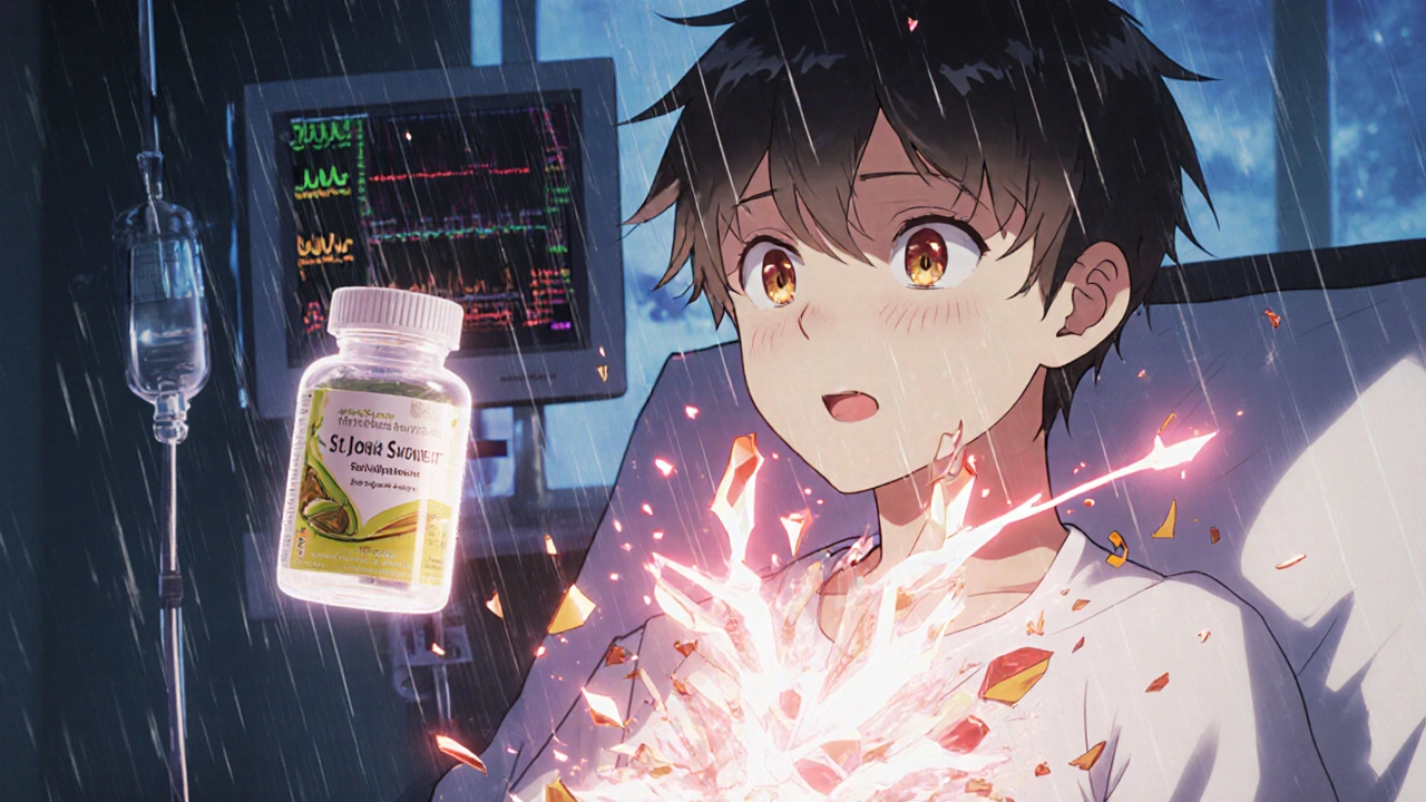 A person in a hospital bed with serotonin waves erupting from their body, medical monitors spiking.