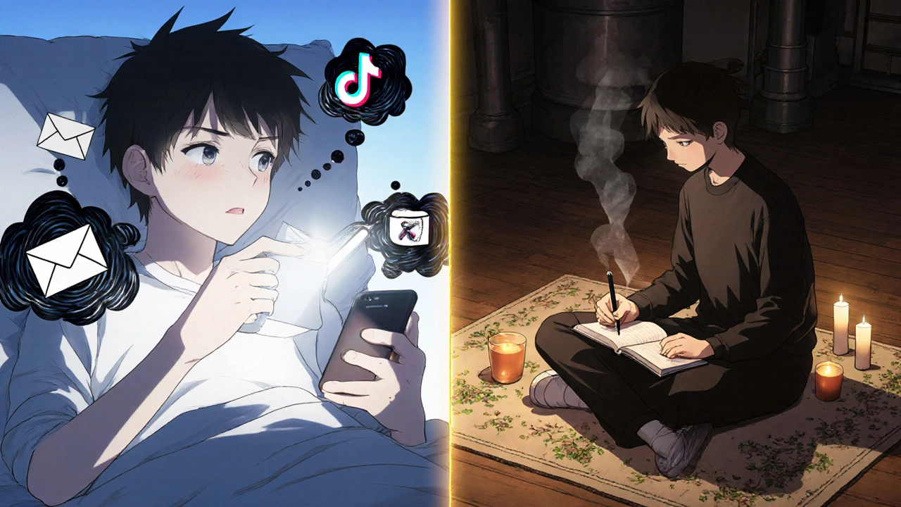 A person transitions from scrolling on a phone to journaling by candlelight at night.