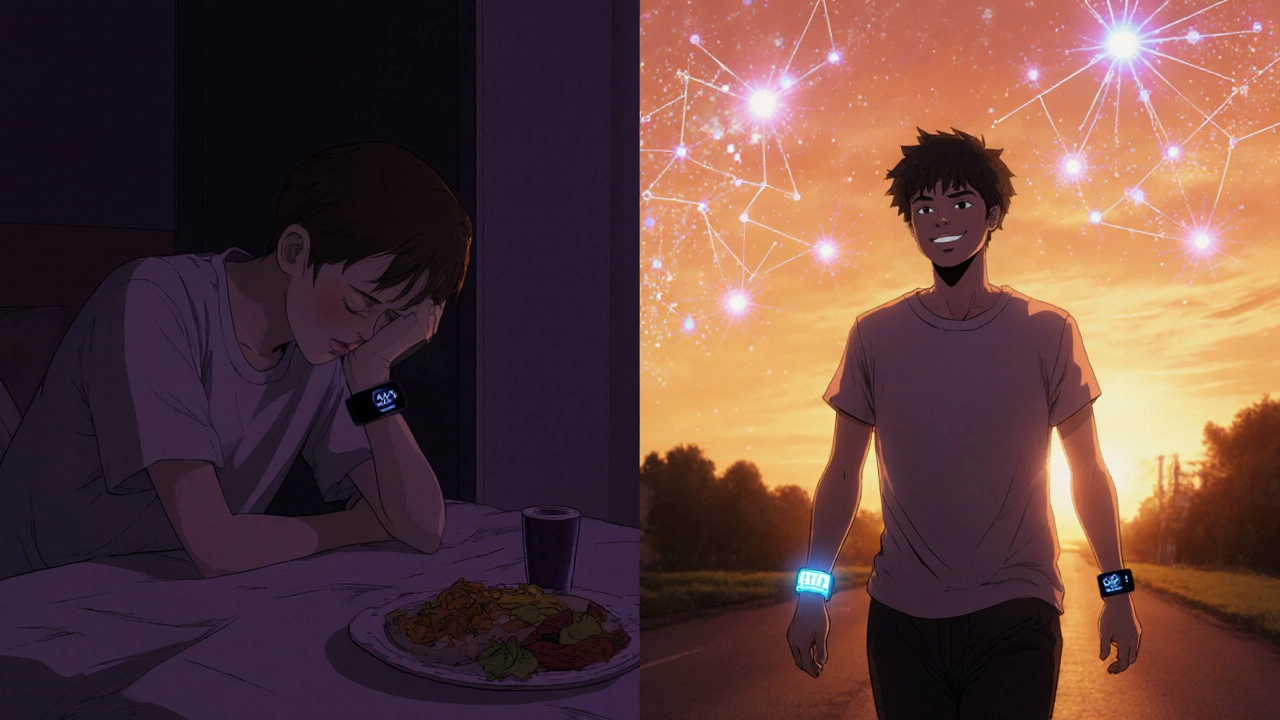 A person walking at sunrise with a fitness tracker, digital health app glowing, symbolizing recovery.