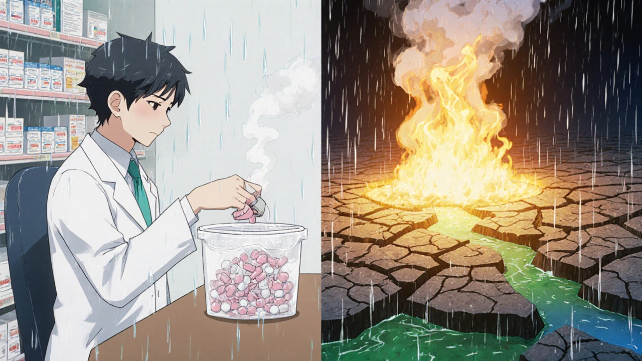 A pharmacist collects unused pills, with visions of incineration and landfill contamination behind.