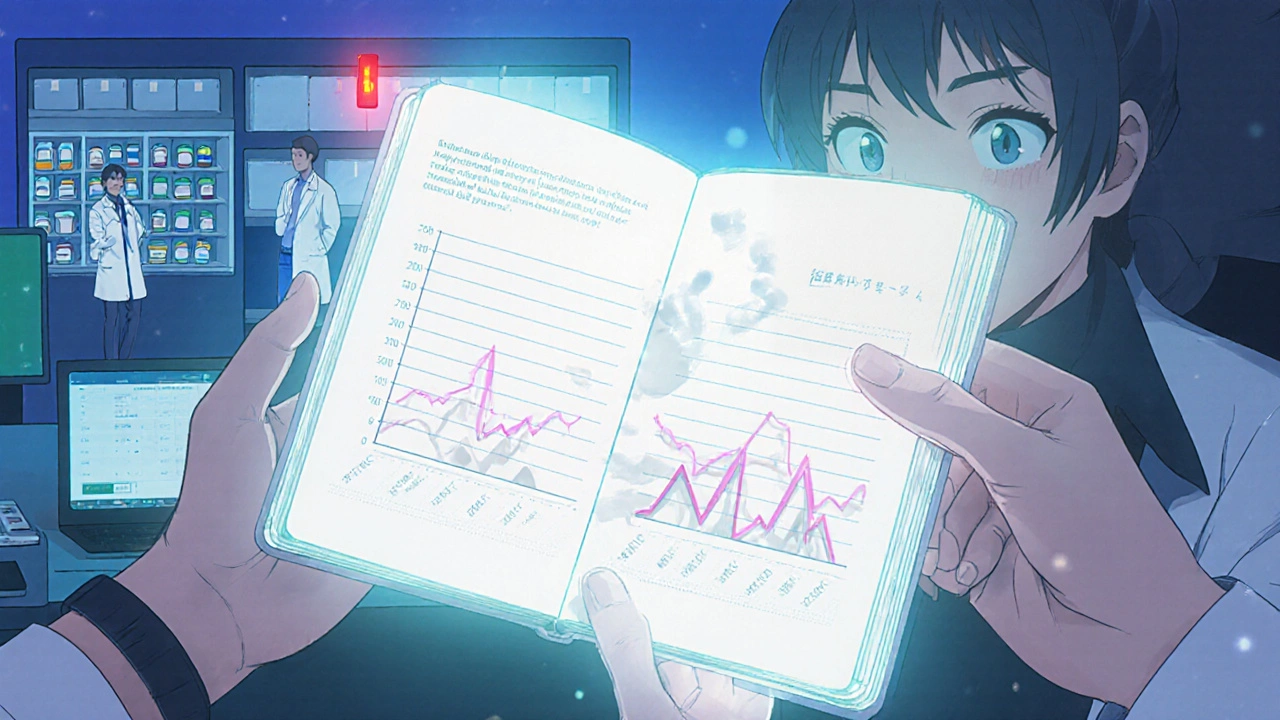 A pharmacist holding a glowing ledger projecting a timeline of cumulative drug doses with warning lights.