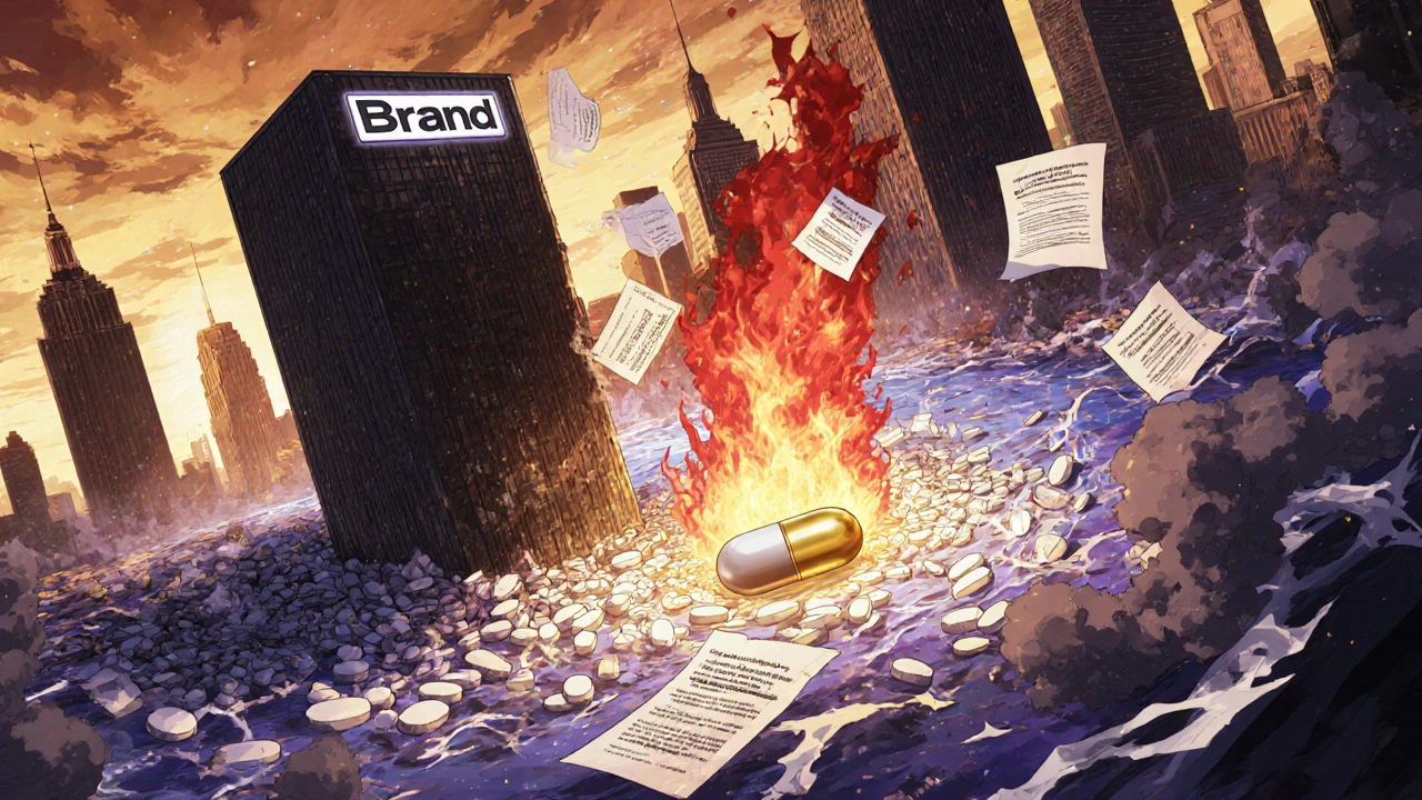 A river of pills flows from a corporate tower, with one golden pill dominating the stream under burning legal documents.