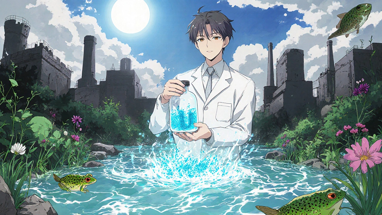 A scientist holds a biodegradable drug variant that breaks down safely in a clean river ecosystem.