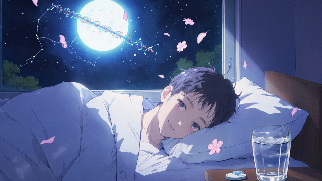 A sleeping Parkinson’s patient under moonlight, with a gentle glowing serotonin receptor pattern in the night sky.