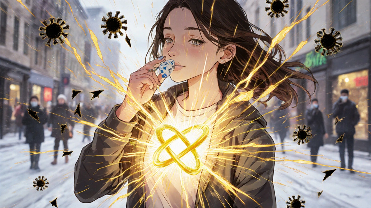 A woman taking Septilin tablets as golden herbal energy forms a shield against virus particles.