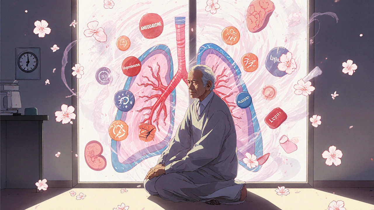 An elderly patient with a spectral storm of drug icons behind them, symbolizing long-term toxicity damage.