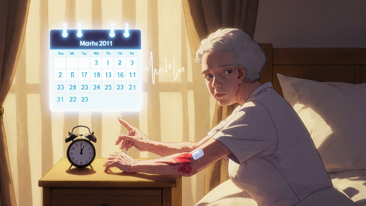 An elderly woman applying a patch with a holographic reminder calendar beside her.