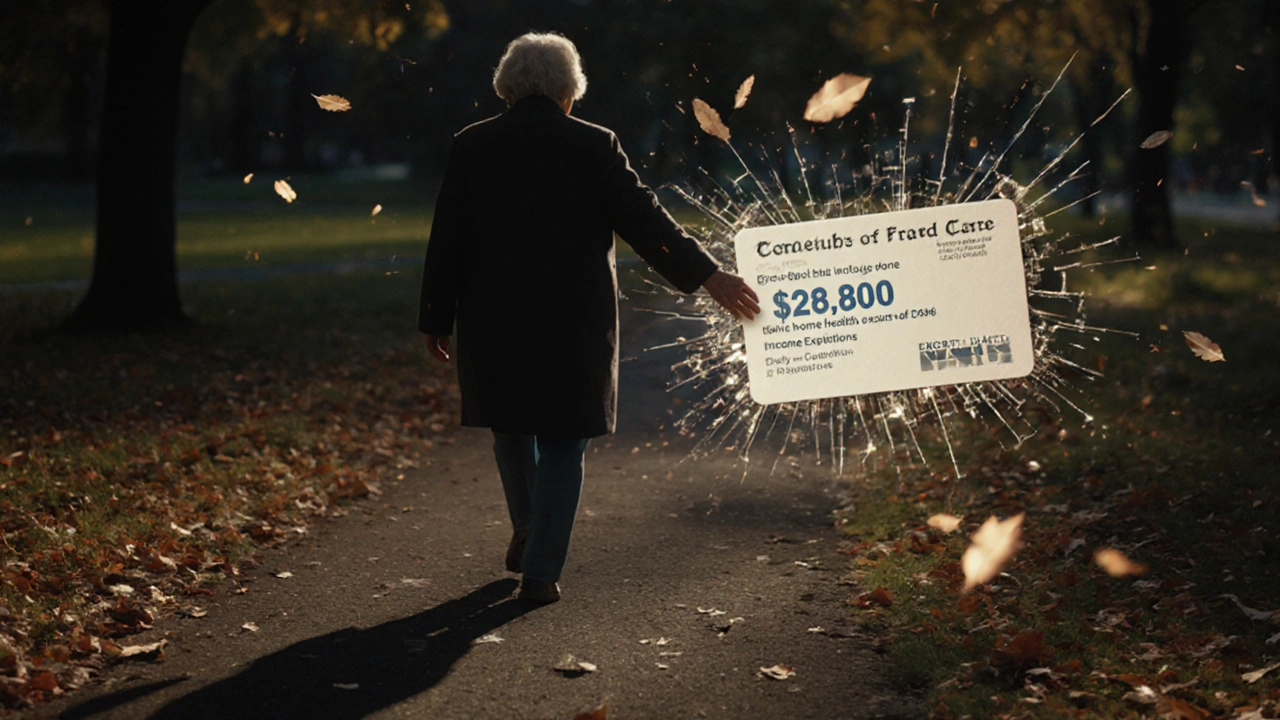 An older woman walks through autumn leaves as financial figures transform into proof of eligibility.