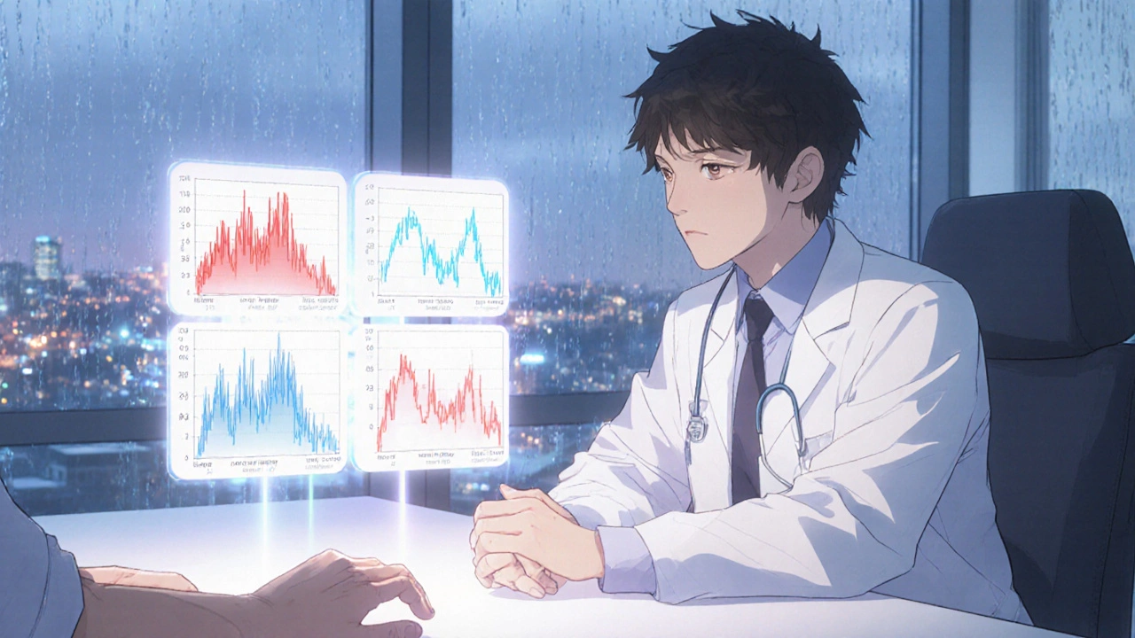 Doctor monitors glowing blood metabolite graphs as patient&#039;s hand rests on table.