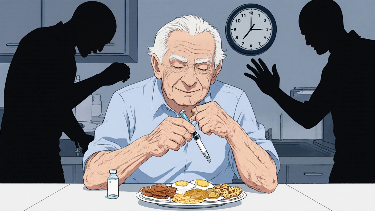 Elderly person struggling with premixed insulin pen beside rigid breakfast, hypoglycemia shadows looming.