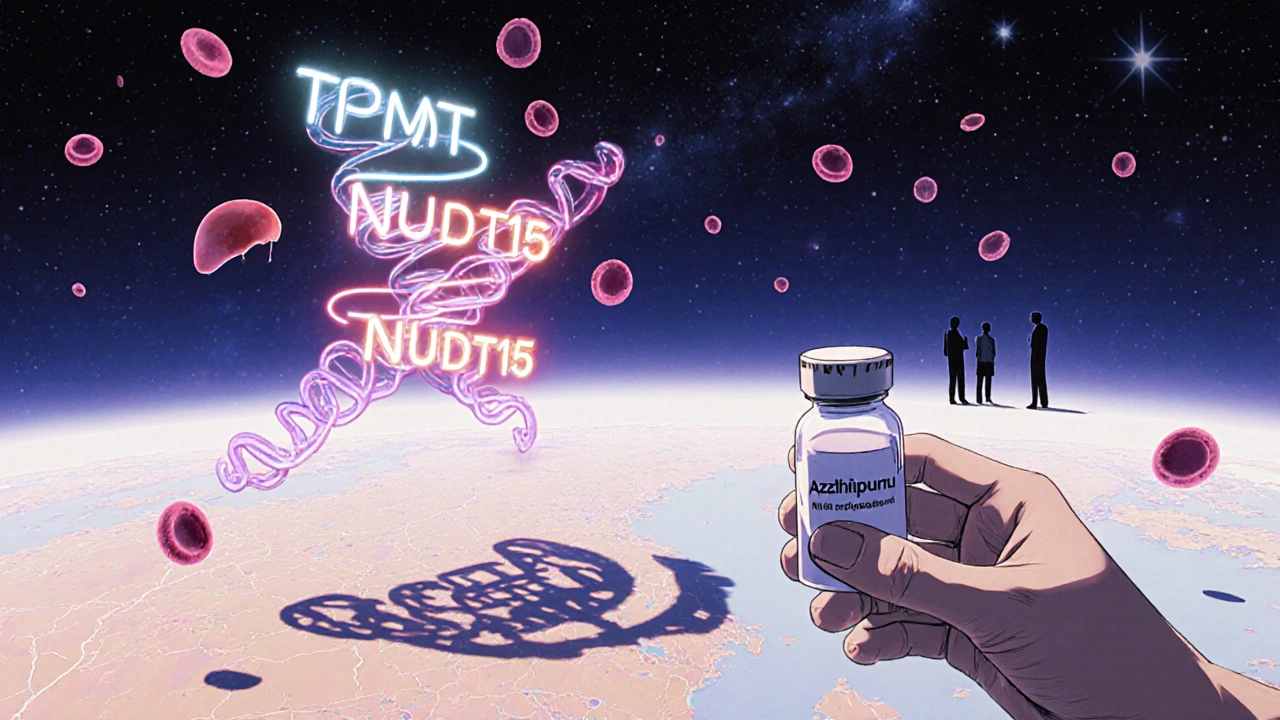 Glowing DNA helix with TPMT and NUDT15 enzymes, symbolizing genetic sensitivity to azathioprine.