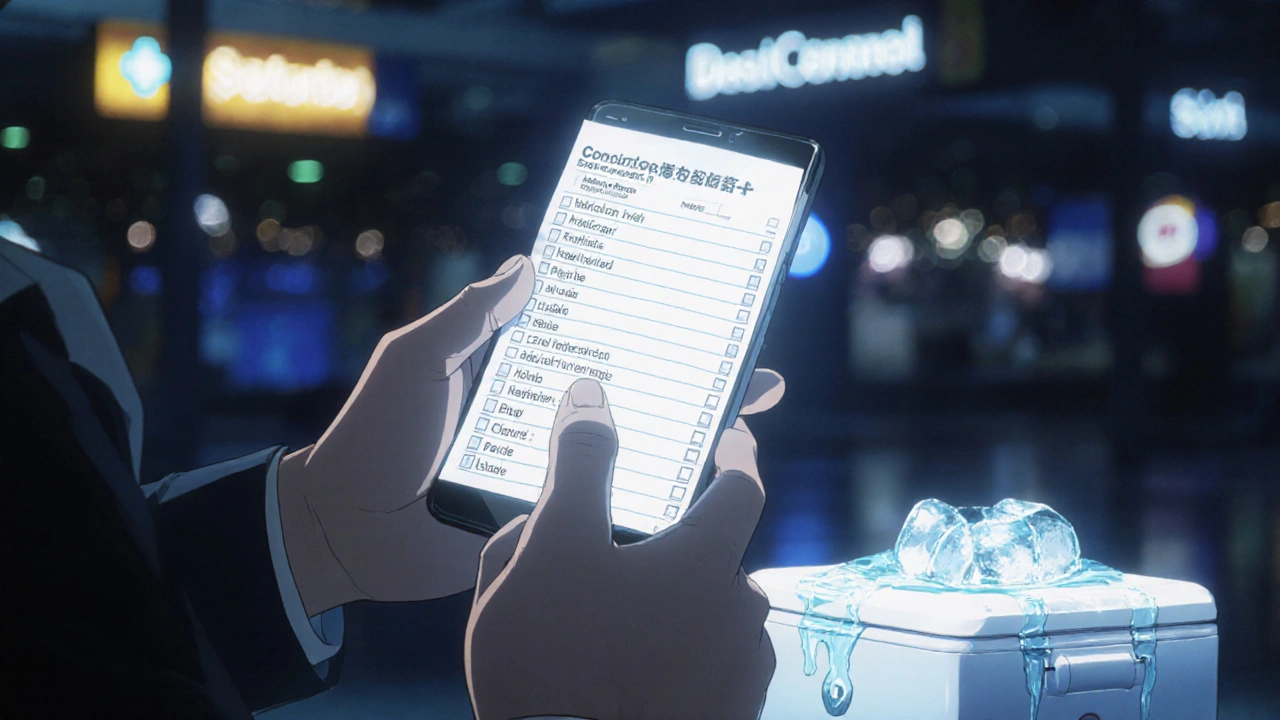 Hand holding printed medication list and smartphone beside a melted ice pack and small medical cooler in airport lounge.