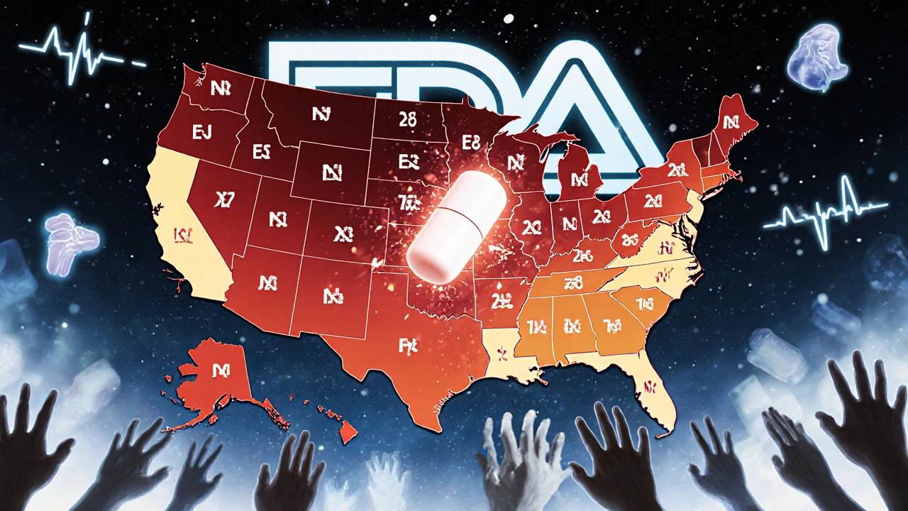 Map of U.S. showing states with NTI drug substitution rules, pill shattering at borders under FDA logo.