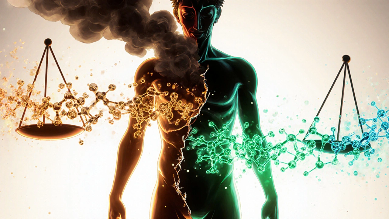 Patient&#039;s body divided between liver damage and healing energy, connected by drug molecules.