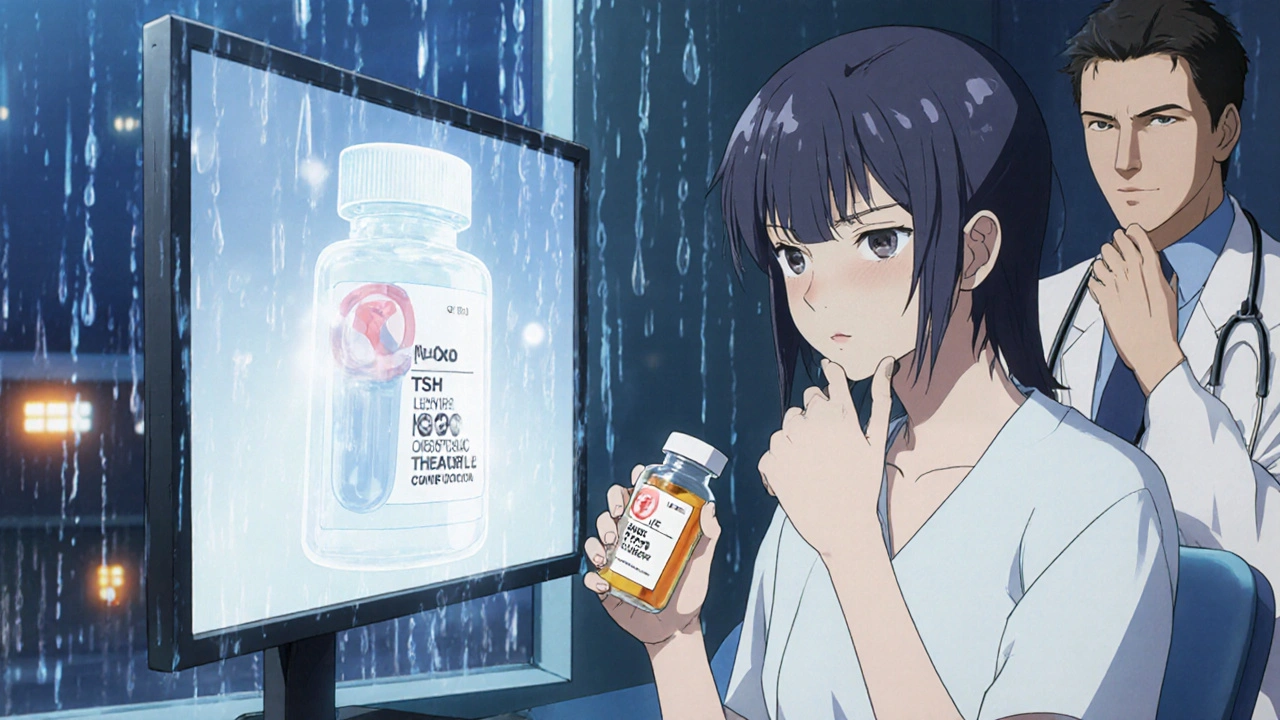 Patient staring at blood test results showing TSH spike, brand pill dissolving into generic in hospital room.
