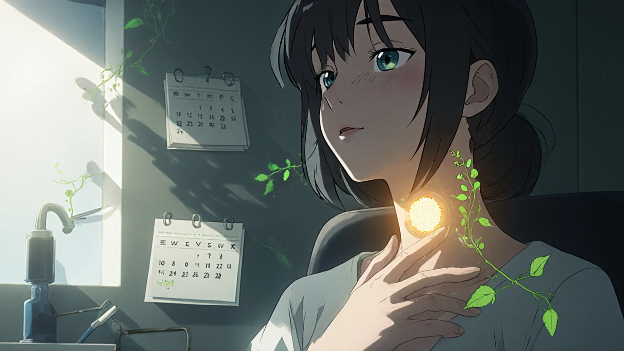 Patient with translucent cancer cell cluster under surveillance, surrounded by green vines.