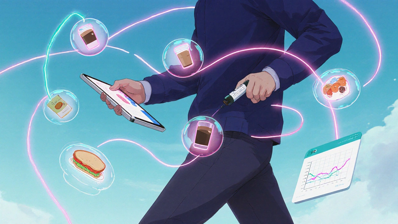 Person walking with basal-plus insulin pen and AI app, floating meal icons around them, stable glucose graph above.