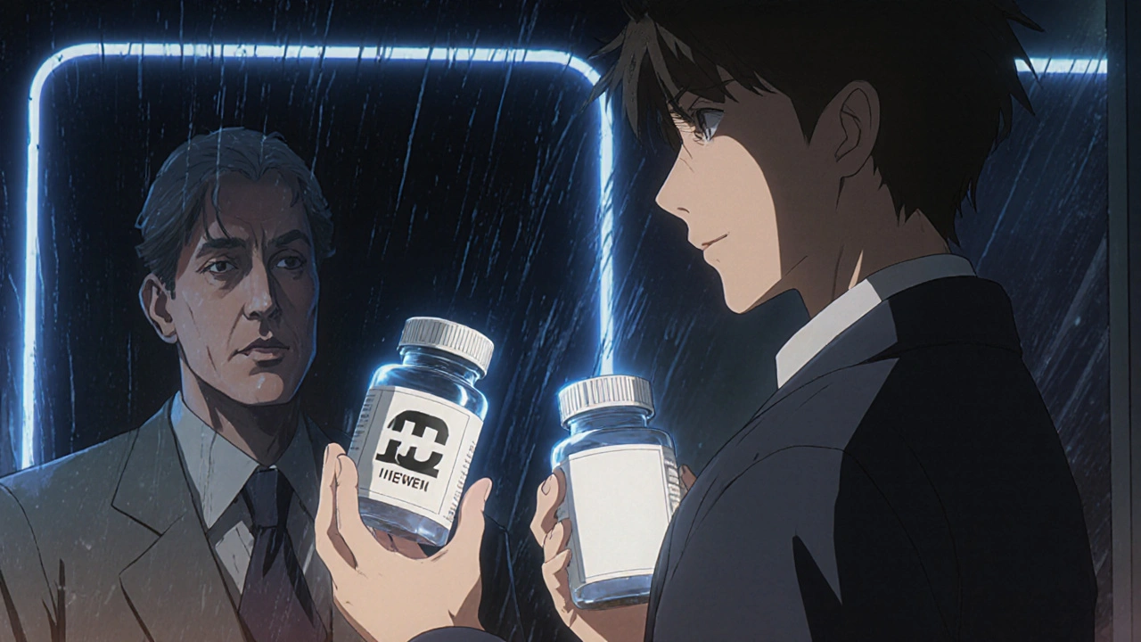 Pharmacist giving two identical pill bottles to a patient, with a CEO watching silently in the background.