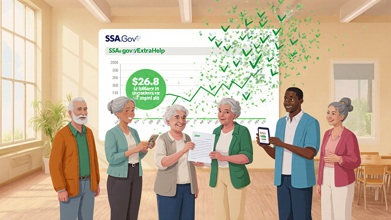 Seniors in a community center celebrate with a social worker as financial aid icons glow around them.