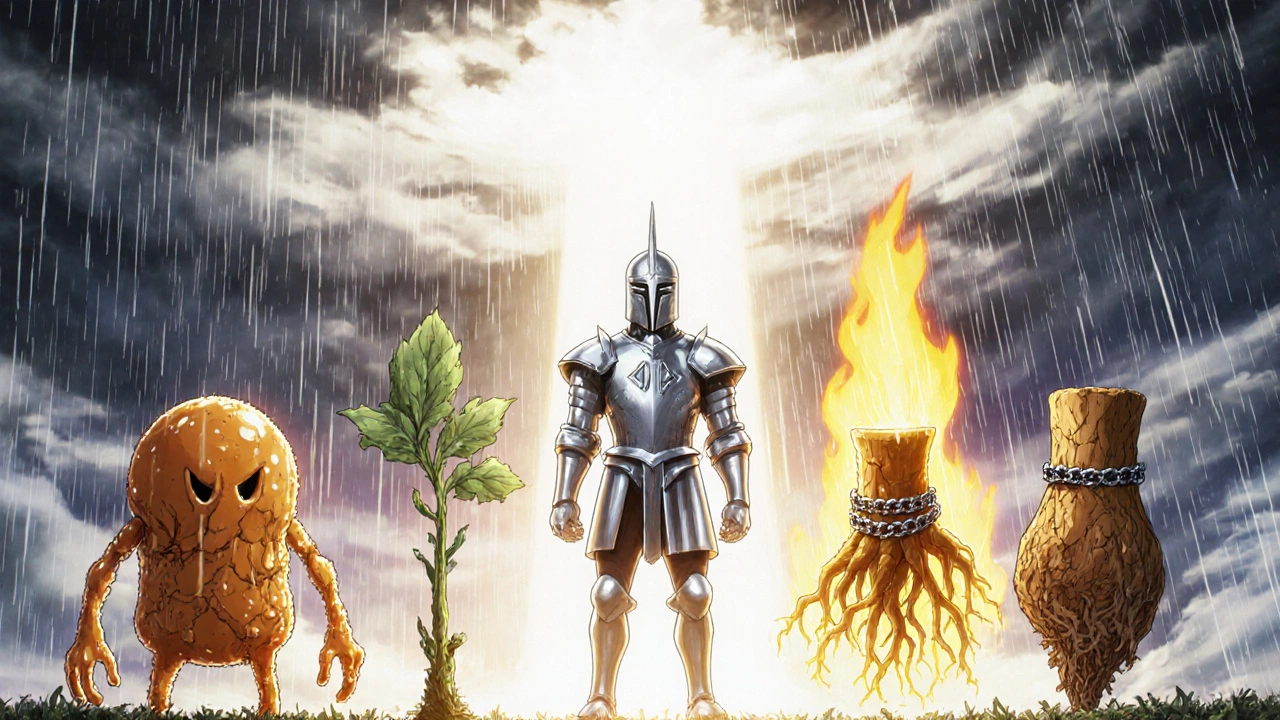 Septilin as a radiant warrior towering over five weaker herbal alternatives in a mystical battle scene.