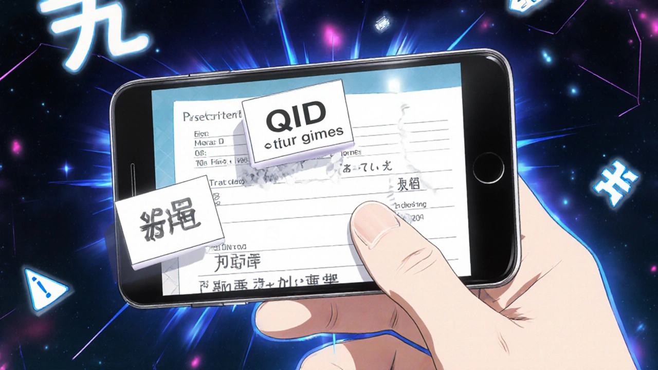 Smartphone app scanning a prescription and highlighting dangerous medical abbreviations.