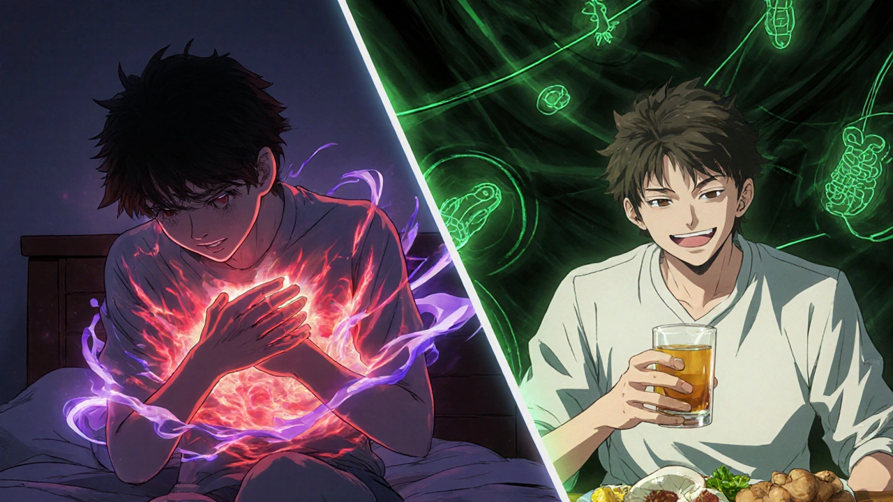 Split scene of someone experiencing nausea versus finding relief with ginger tea and gut healing.