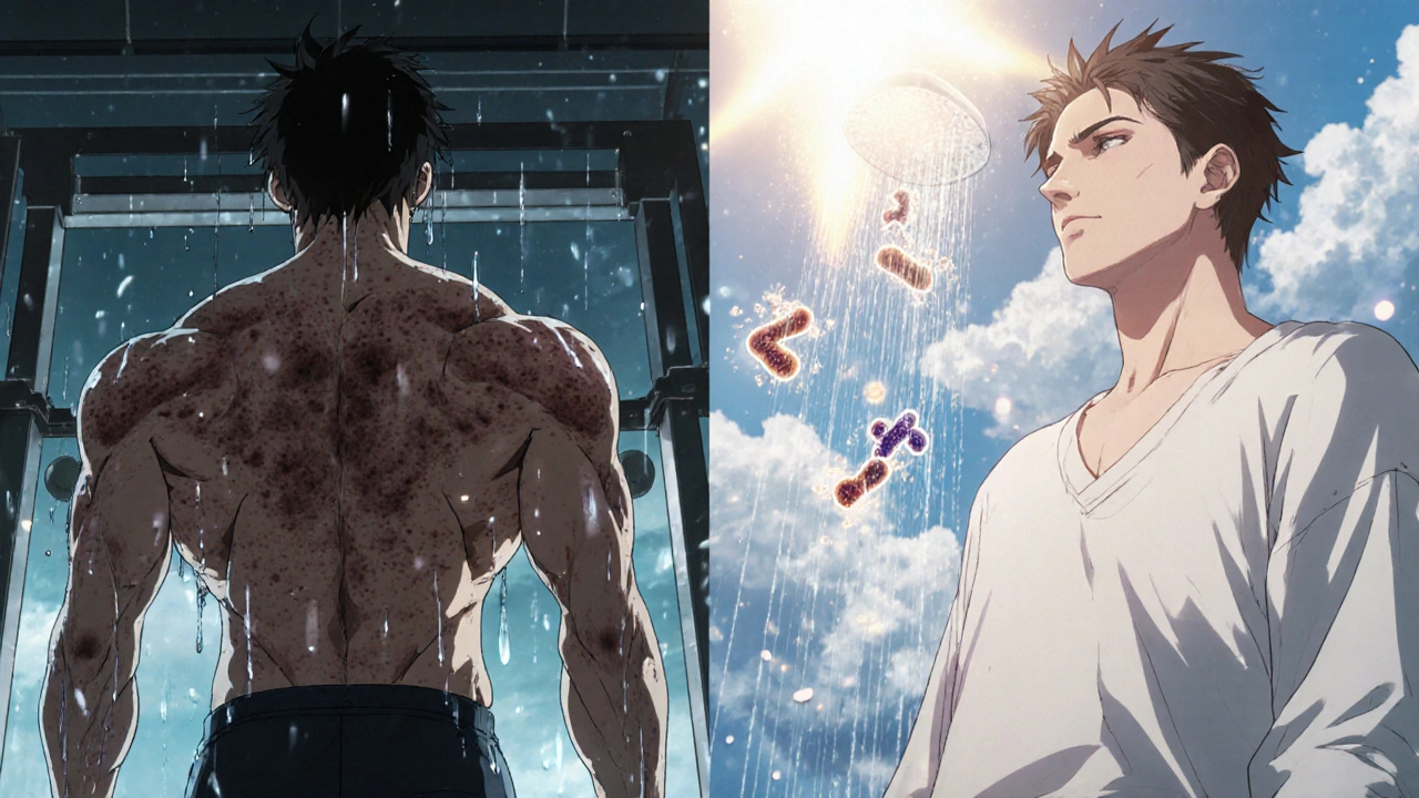 Split scene: person with acne in gym vs. same person healed, showering with glowing clean water.