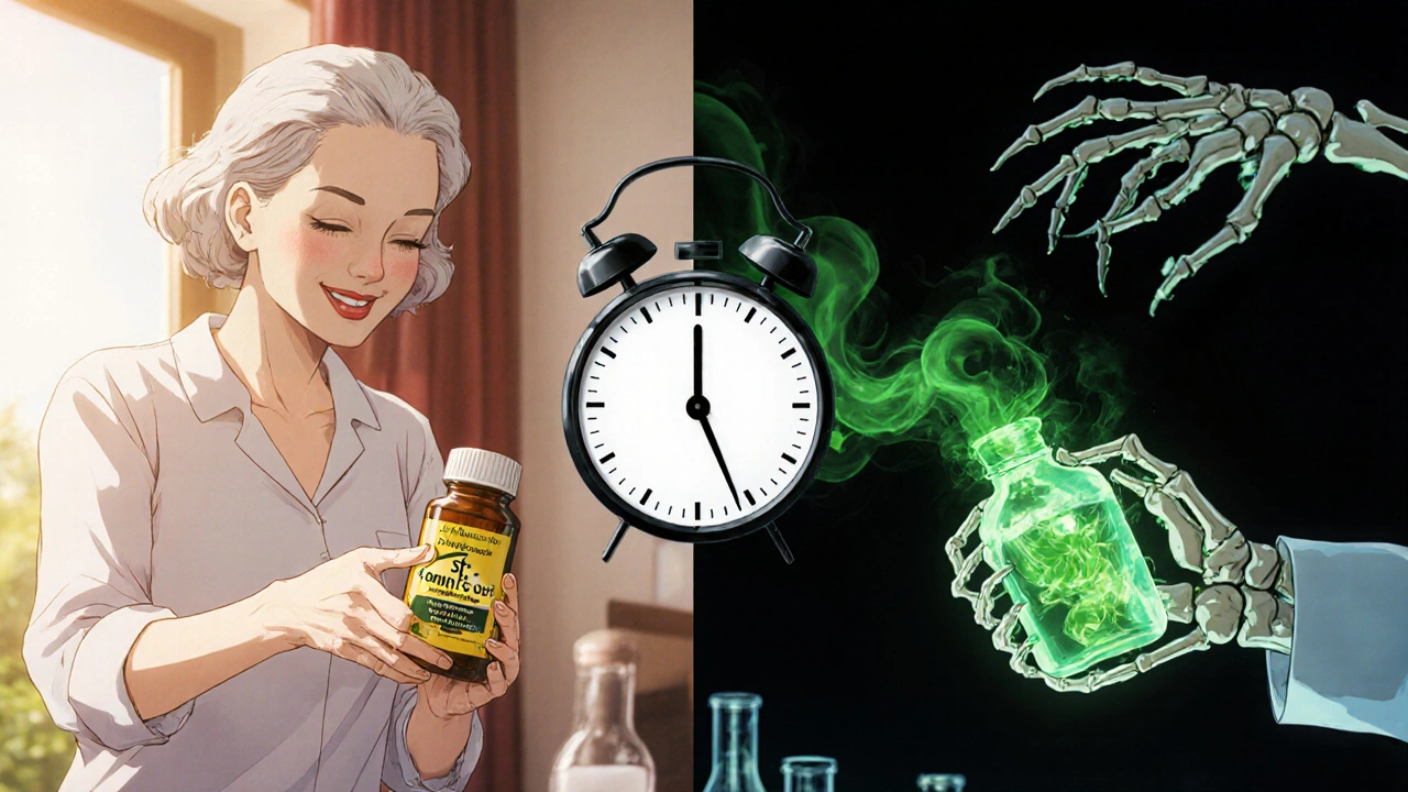 Split scene: warm herbal gift vs. toxic lab explosion, symbolizing hidden danger of St. John&#039;s Wort.