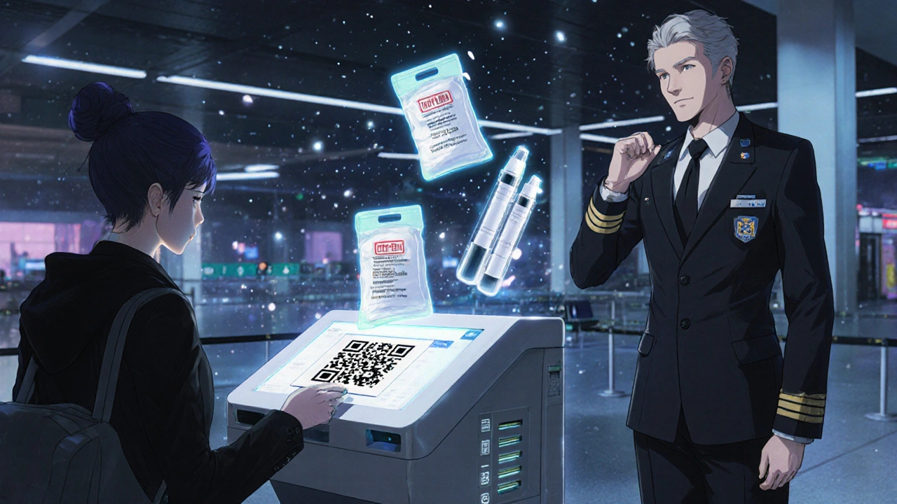 Traveler scanning QR code at dedicated TSA Medical Traveler Pre-Check lane with holographic medication icons.