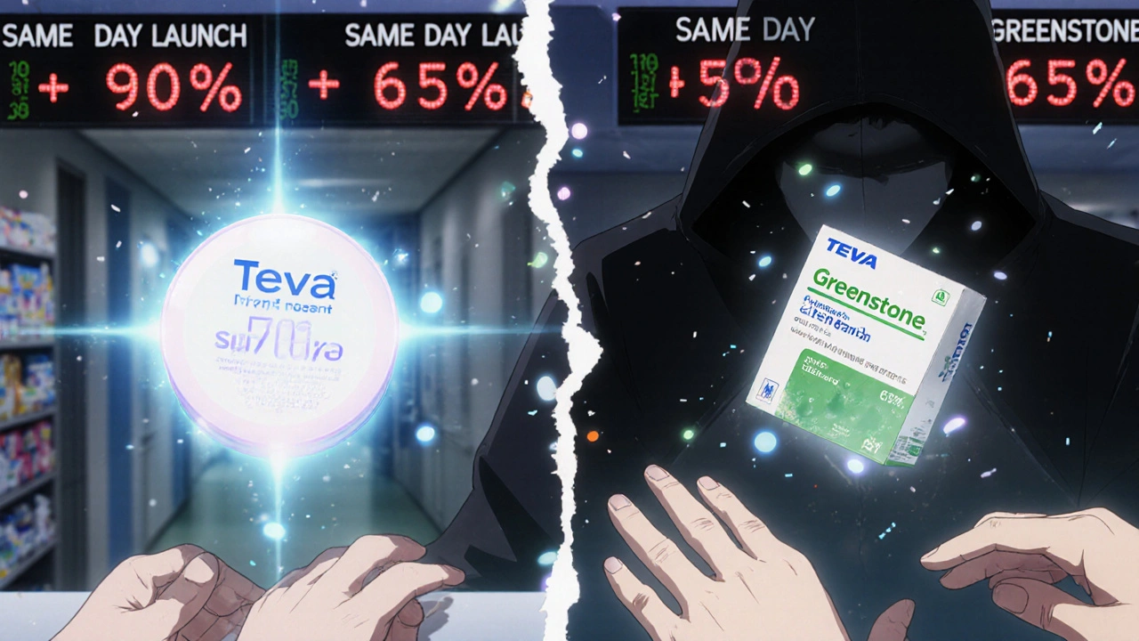 Two identical pills hover at a pharmacy counter, one labeled as generic, the other as authorized, with price drops fading in the background.